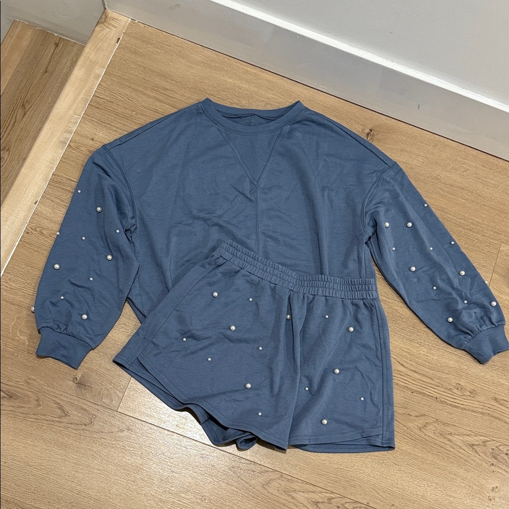 Blue Pearl-Embellished Sweatshirt and Skort Set